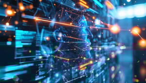 a human face emerging from digital abstract landscape