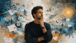 Entrepreneur thinking, surrounded by messy icons representing work responsibilities