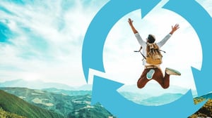 man with a backpack jumping high on a mounting inside a symbol representing cycles