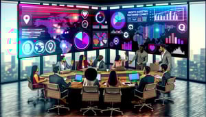 ai-generated image - team of professionals standing around a giant screen showing charts and statistics